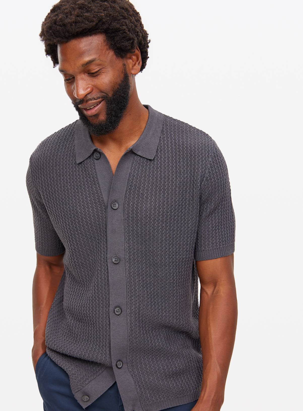 Charcoal Wave Stitch Button-Through Shirt  XXXXL - Image 1