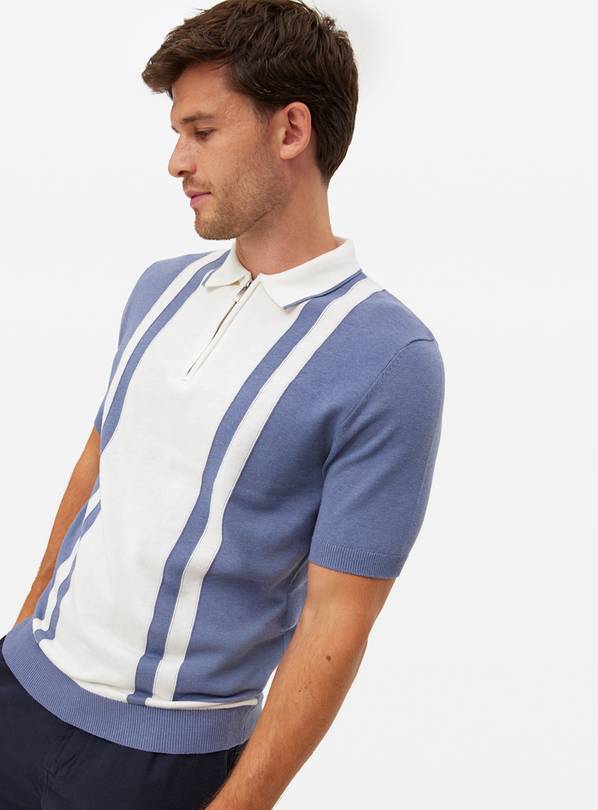 Blue & Cream Stripe Knitted Polo Shirt L