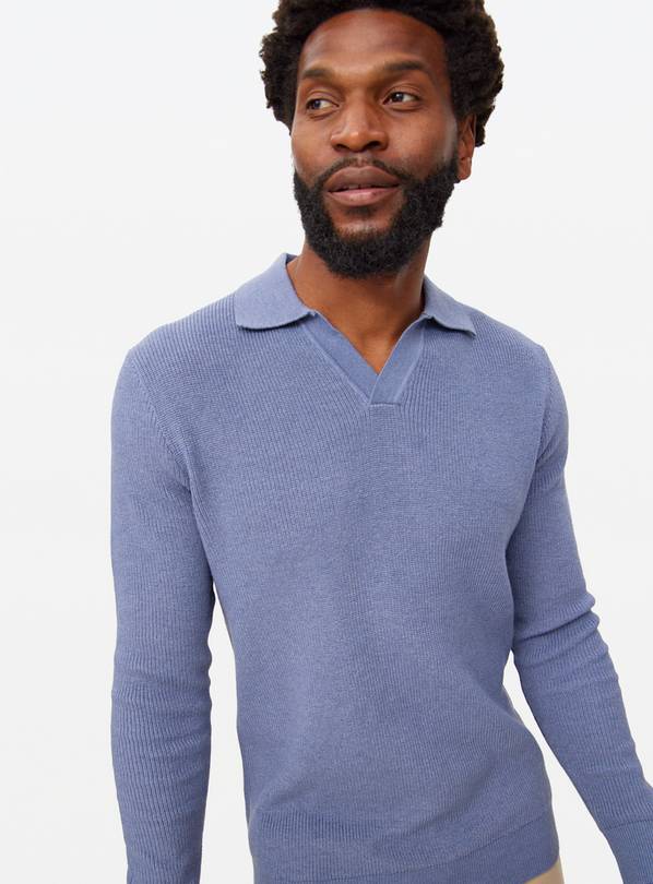 Blue Trophy Knit Long Sleeve Polo Shirt S