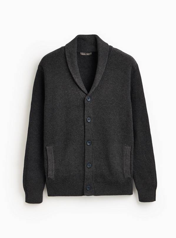 Charcoal Ribbed Shawl Neck Cardigan L