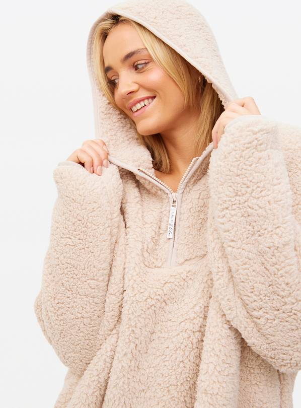 Beige Borg Fleece Hooded Blanket S