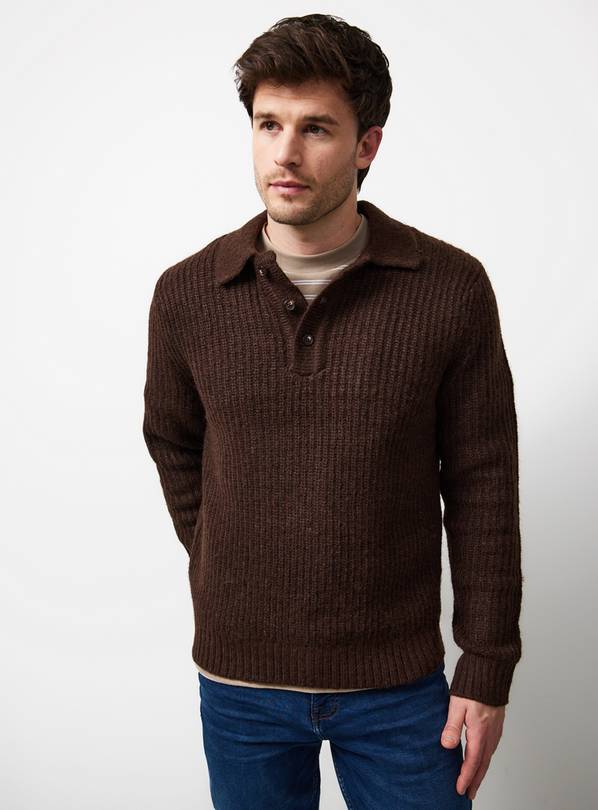 Brown Wool Blend Long Sleeve Polo L