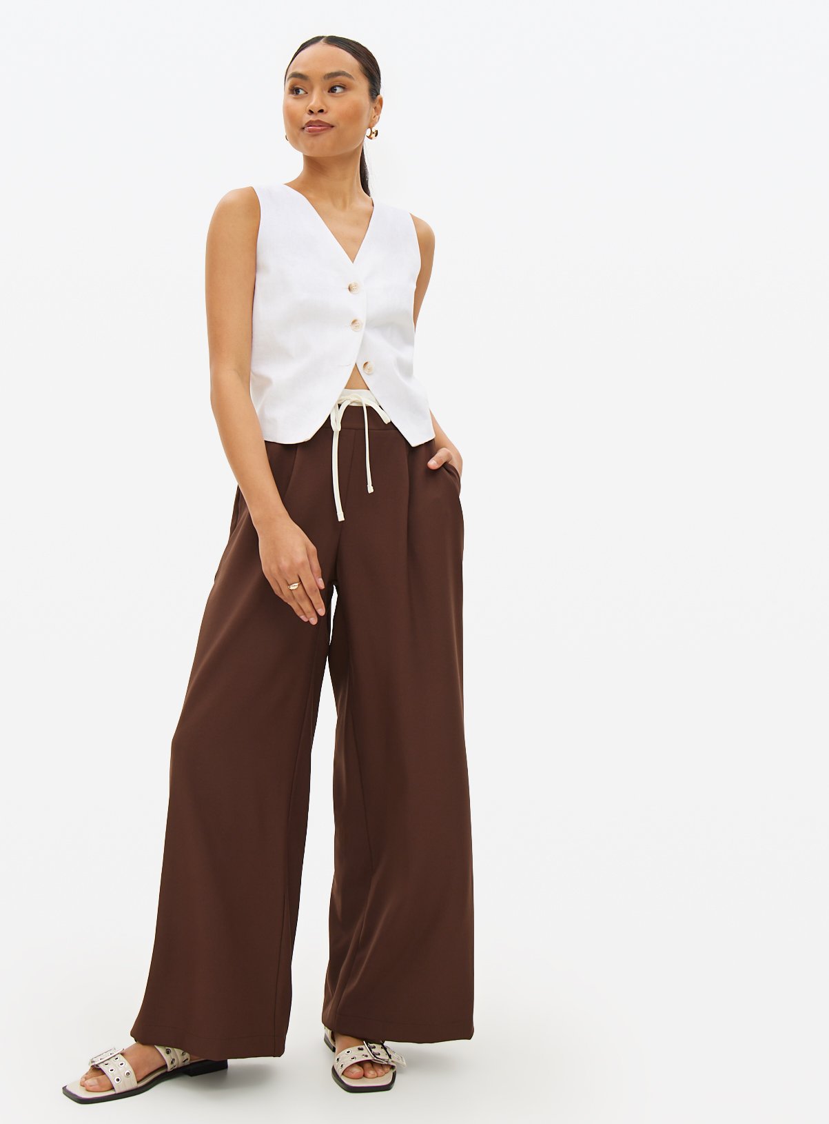 Brown Double Waistband Tailored Trousers 8S - Image 2 thumbnail