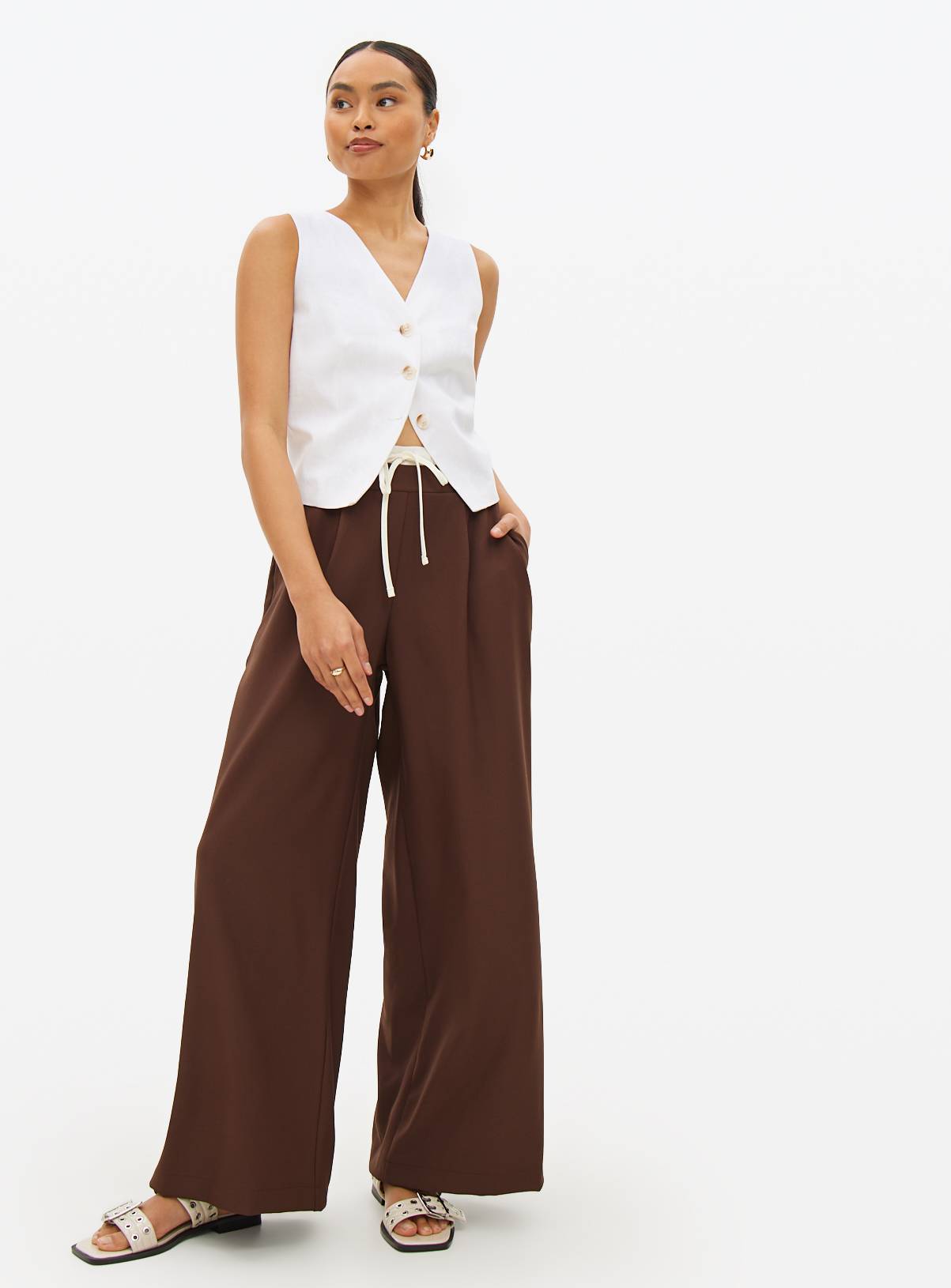 Brown Double Waistband Tailored Trousers 8S - Image 2