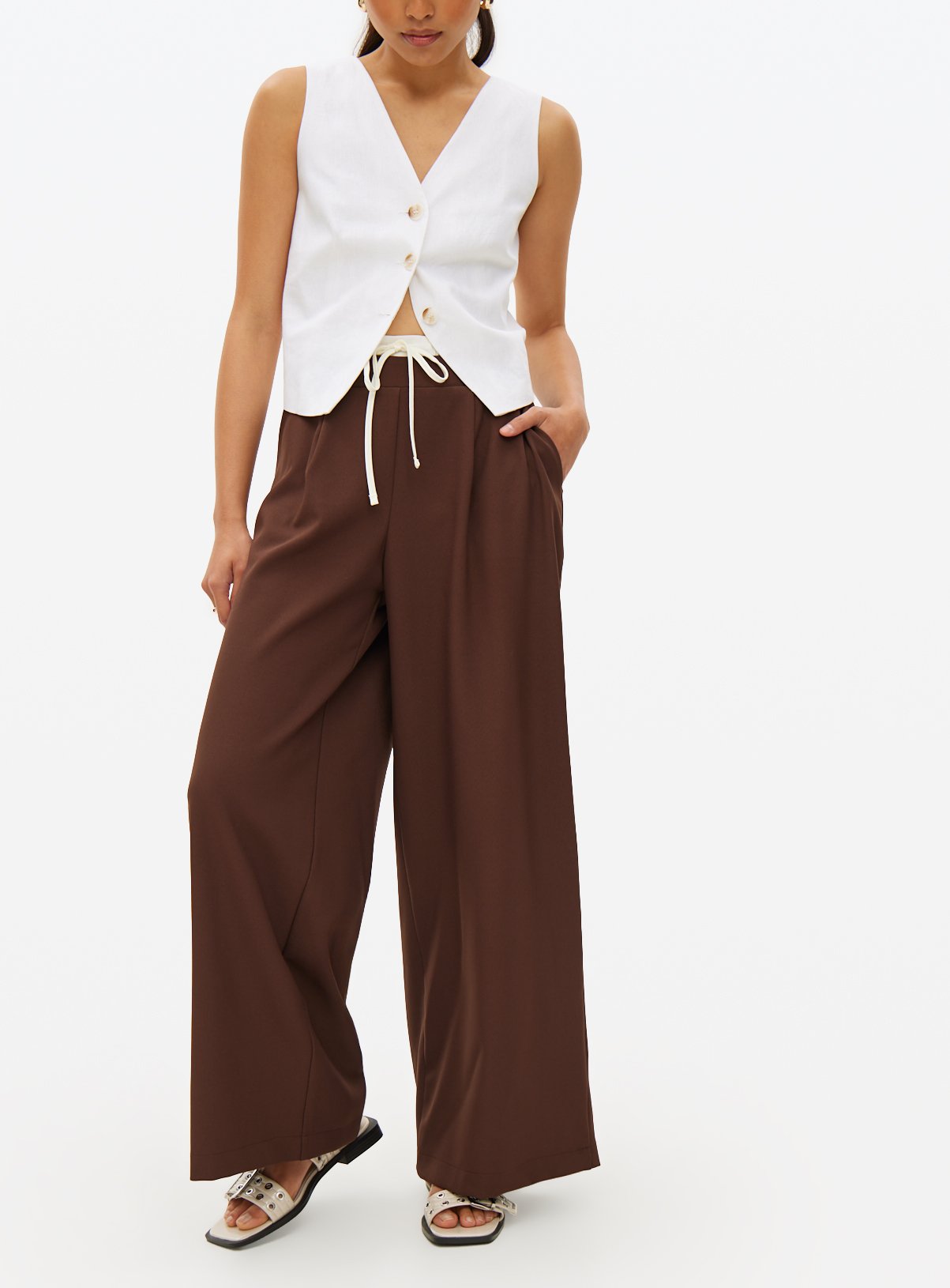 Brown Double Waistband Tailored Trousers 8S - Image 3 thumbnail