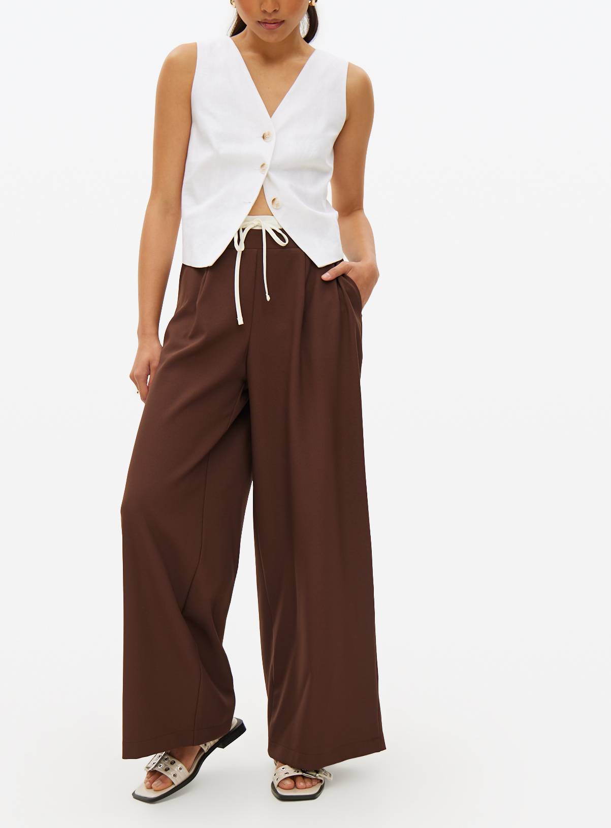 Brown Double Waistband Tailored Trousers 8S - Image 3