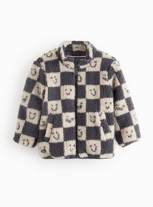 Grey Smiley Face Chequer Borg Fleece Jacket 5-6 years