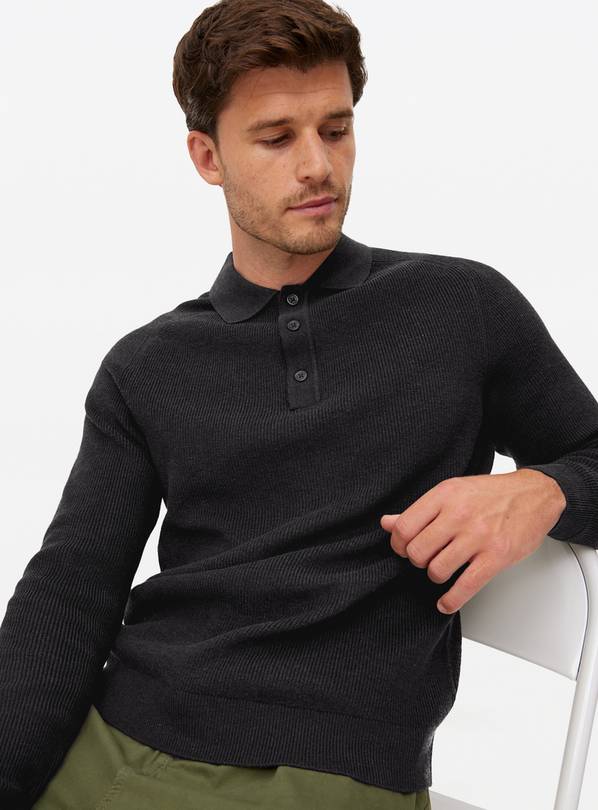 Charcoal Long Sleeve Ribbed Polo Shirt XXL