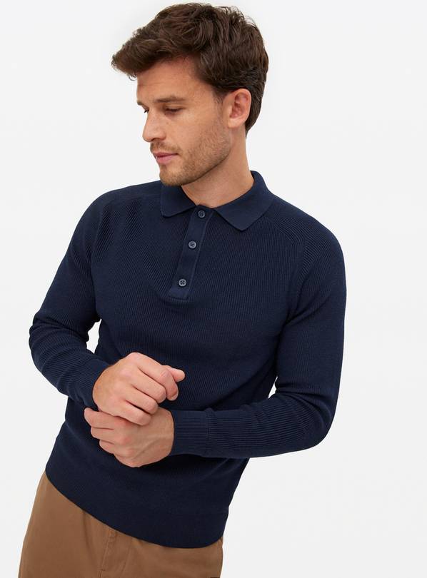 Navy Long Sleeve Ribbed Polo Shirt L
