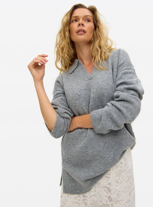Grey Cosy Yarn Collared Longline Jumper  S