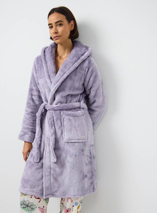 Lilac Plush Fleece Hooded Dressing Gown S