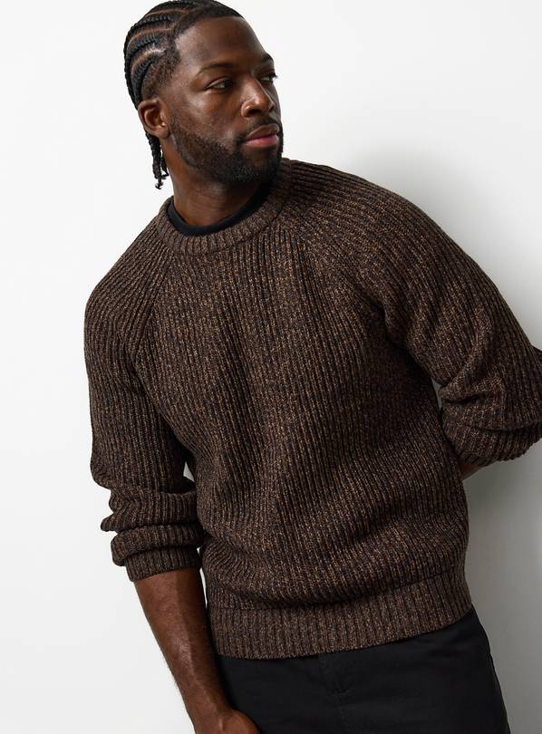 Brown Twist Knitted Crew Jumper L