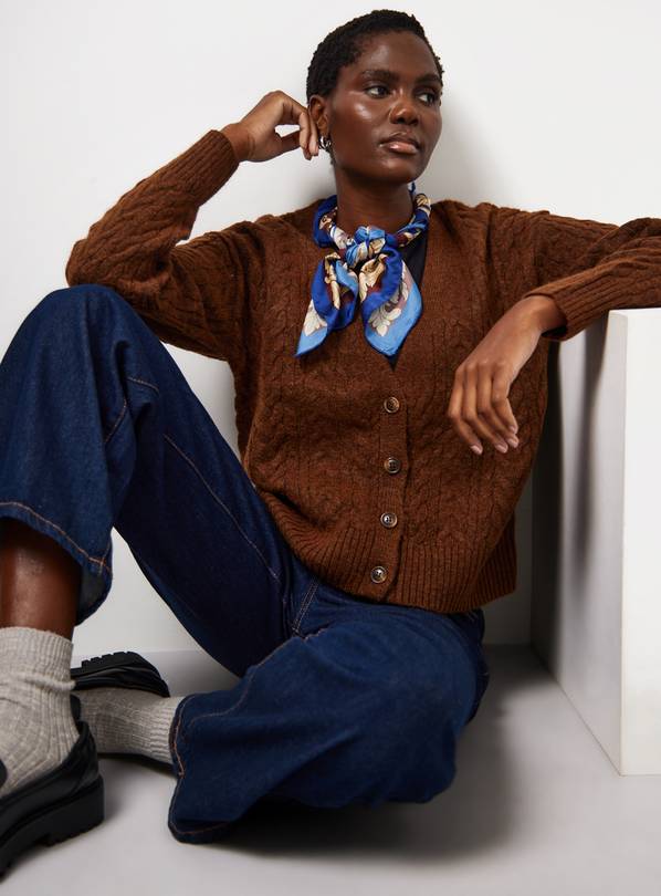Tan V Neck Cable Knitted Cardigan S