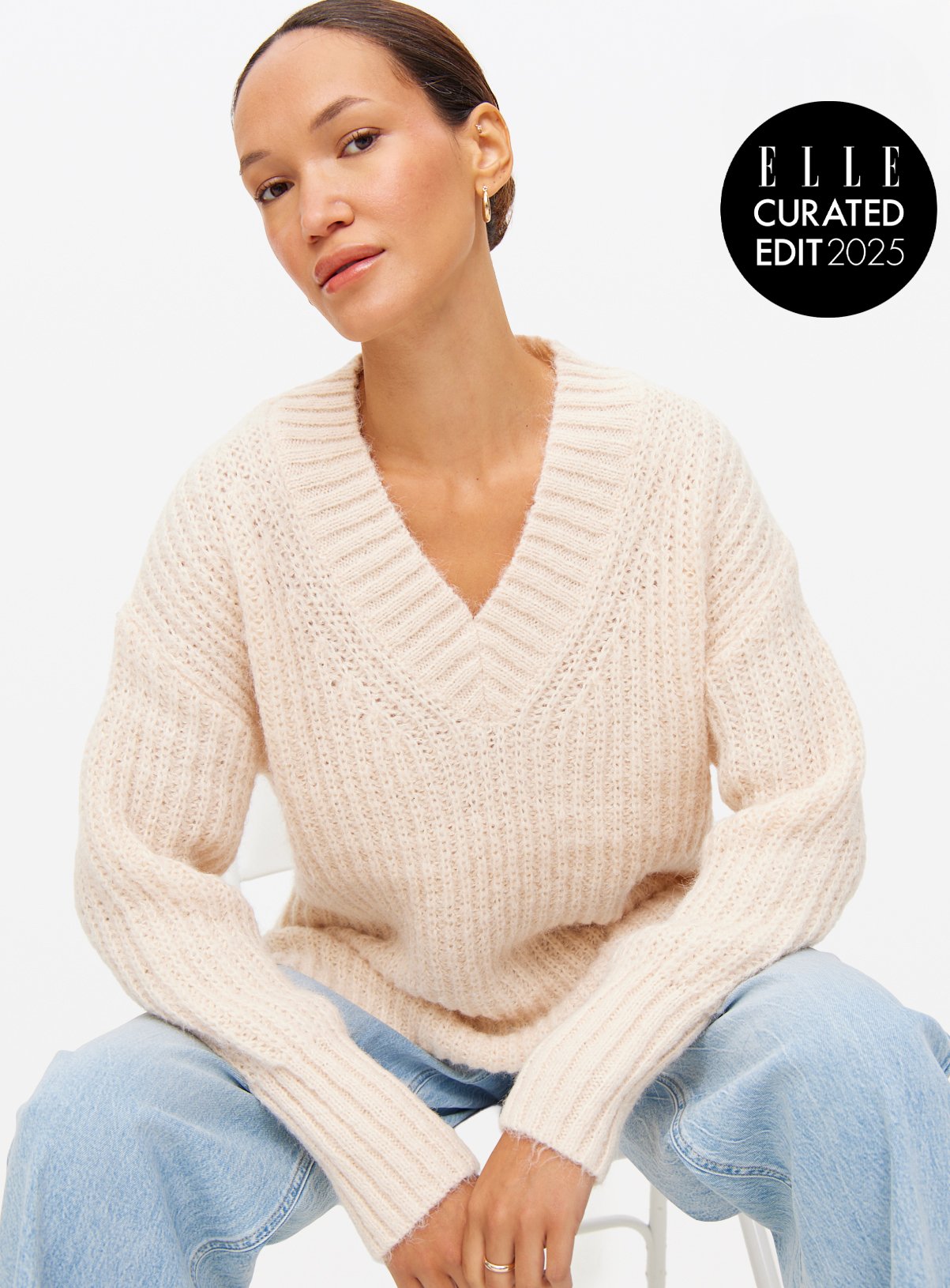 Cream V Neck Relaxed Knitted Jumper 10 - Image 1 thumbnail