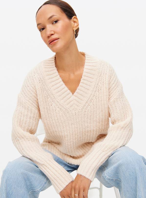Cream V Neck Relaxed Knitted Jumper 24
