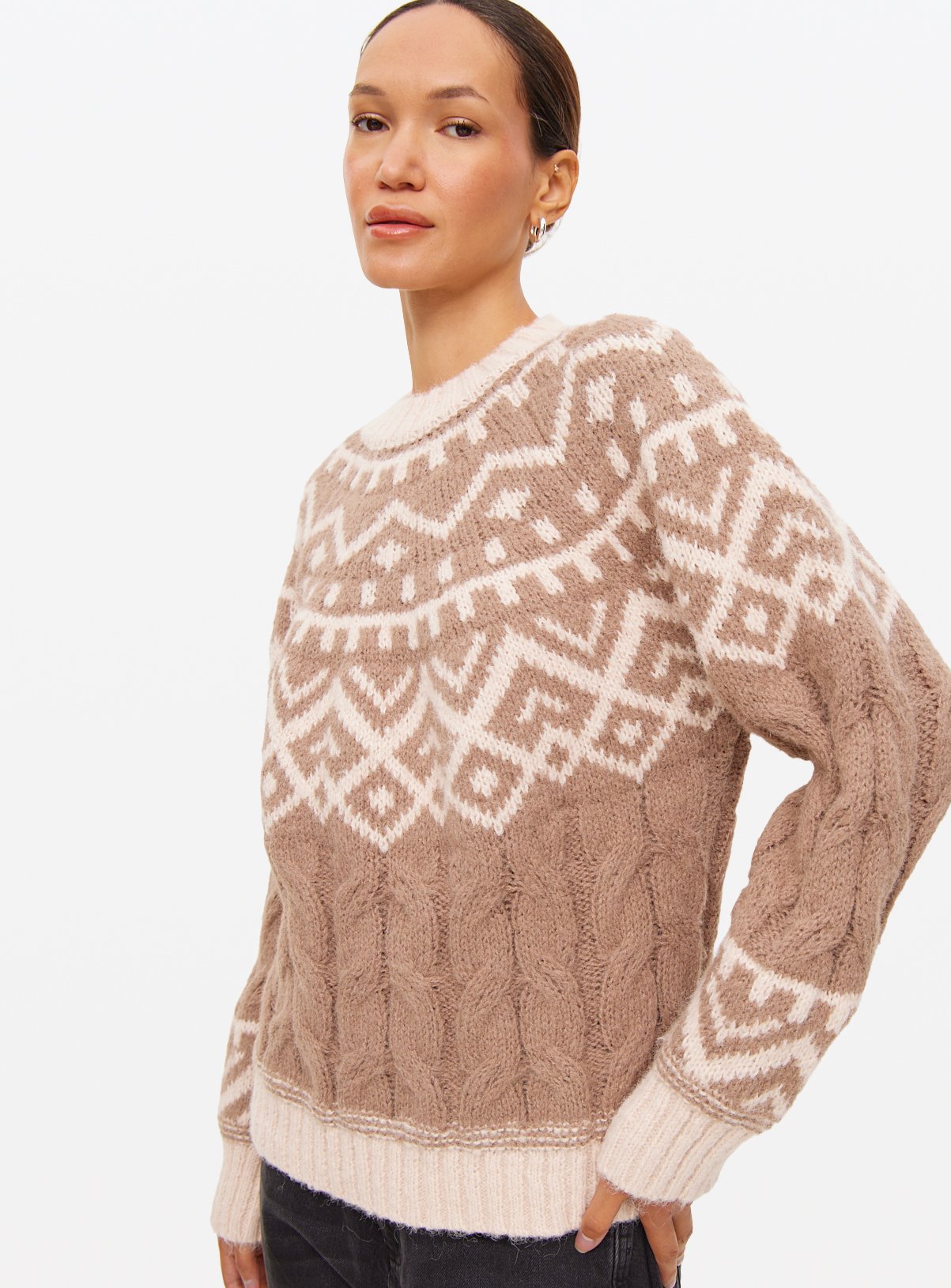 Neutral Beige Fair Isle Knitted Jumper 10 - Image 1 thumbnail