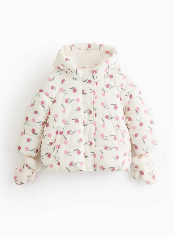 Cream Cherry Print Hooded Puffer Coat 2-3 years