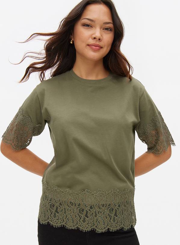 Khaki Lace Trim Boxy T-Shirt XXL