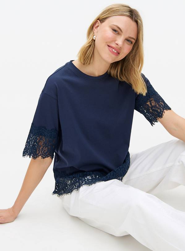 Navy Lace Trim Boxy T-Shirt L