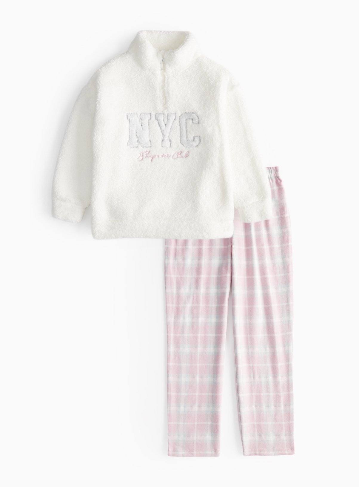 Cream NYC Slogan Cream Fleece & Pink Check Pyjama Bottoms - Tu by Sainsbury's