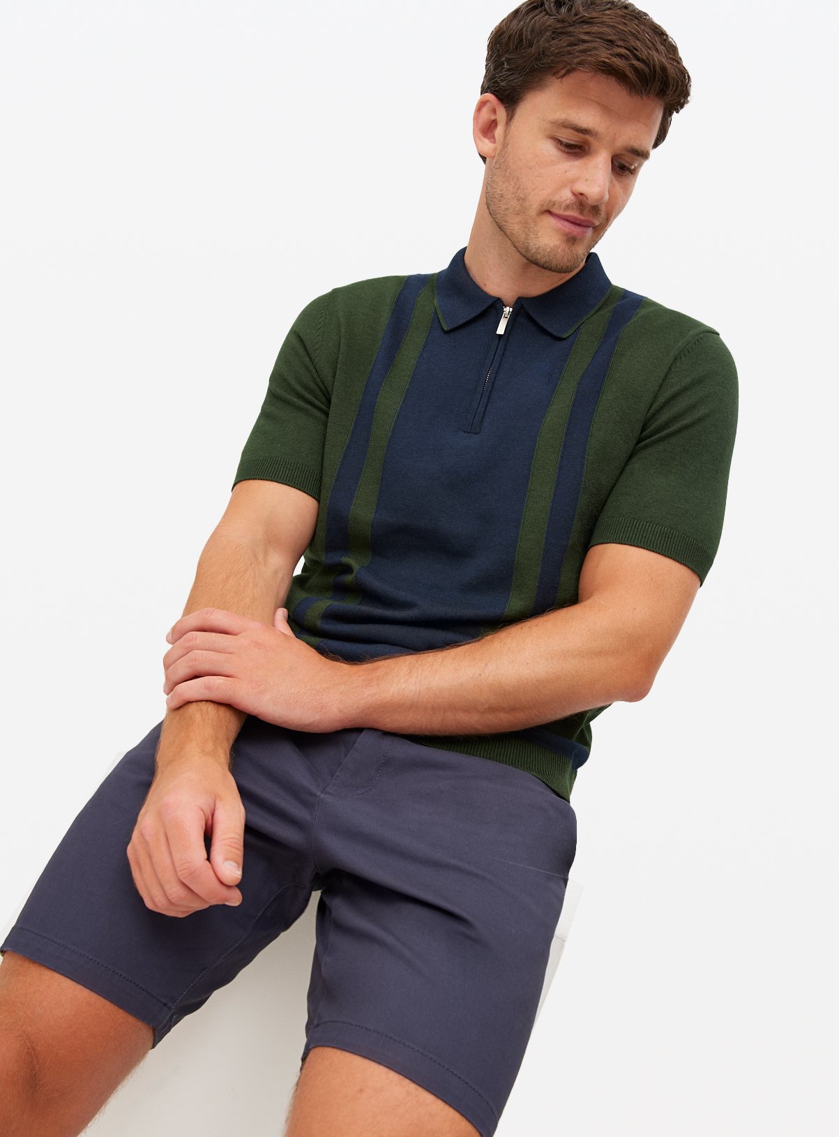 Men's Khaki & Navy Stripe Knitted Polo Shirt
