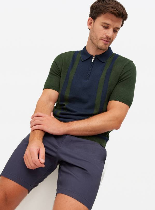 Khaki & Navy Stripe Knitted Polo Shirt XXL