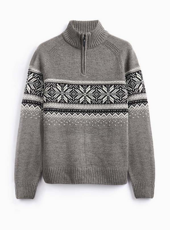 Grey Fairisle Striped Quarter Zip Jumper XXXL