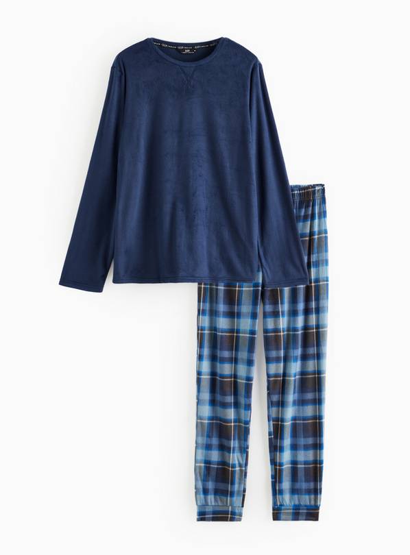 Navy Check Print Fleece Pyjamas L