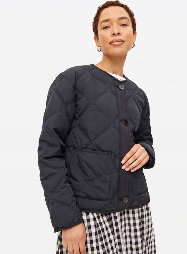 Black Collarless Quilted Jacket M
