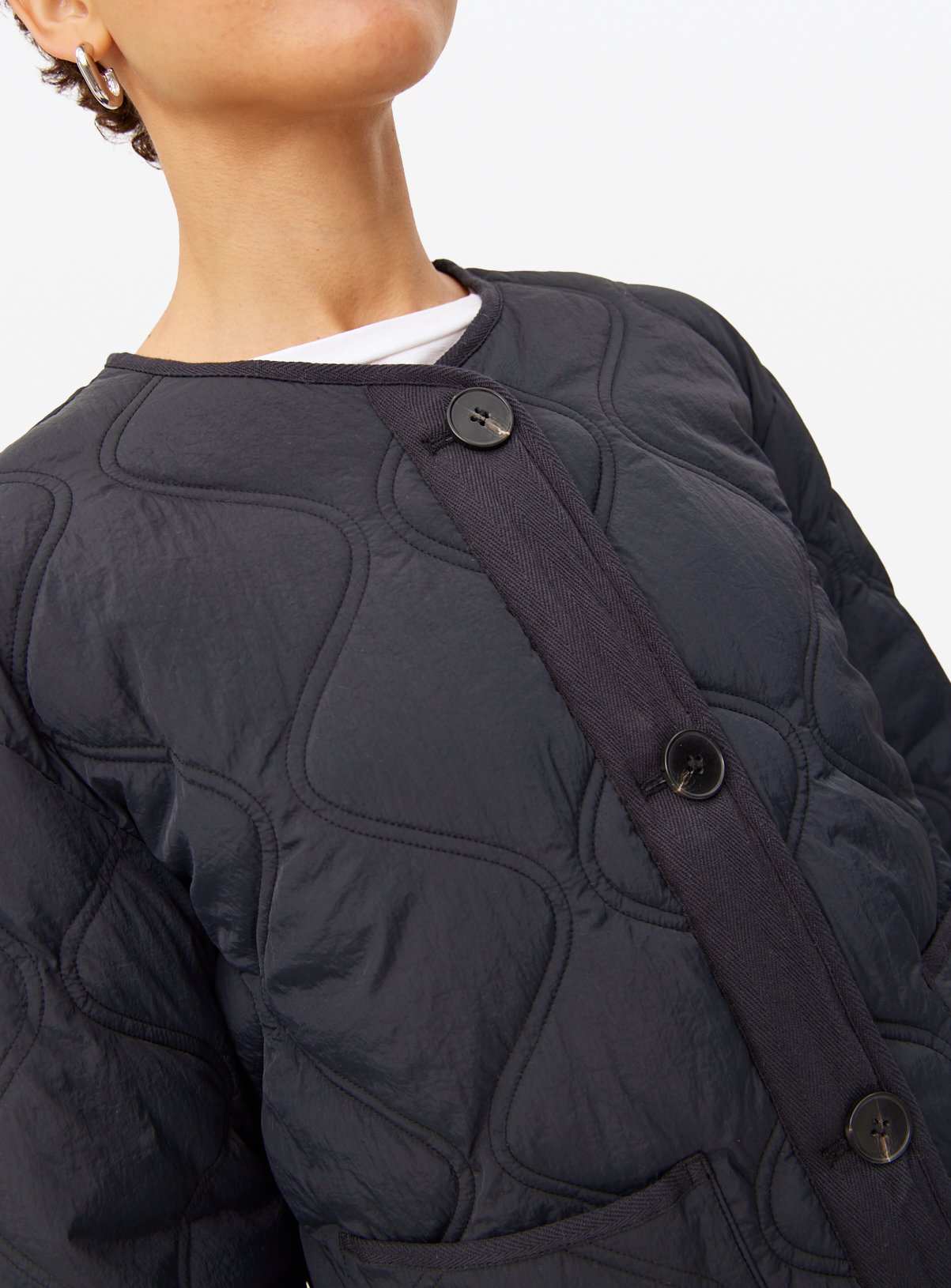 Black Collarless Quilted Jacket M - Image 3 thumbnail