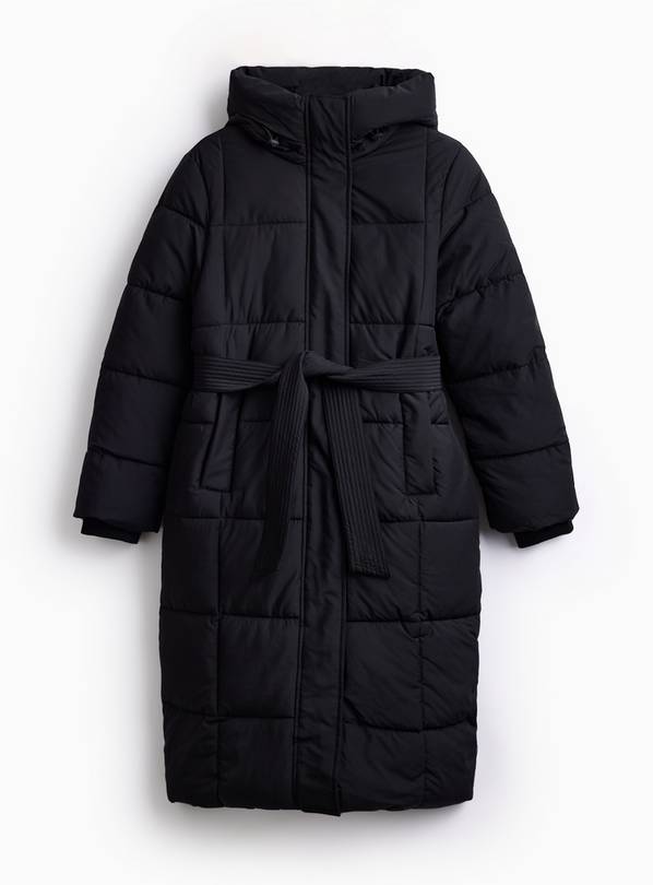 PETITE Black Longline Belted Padded Coat M