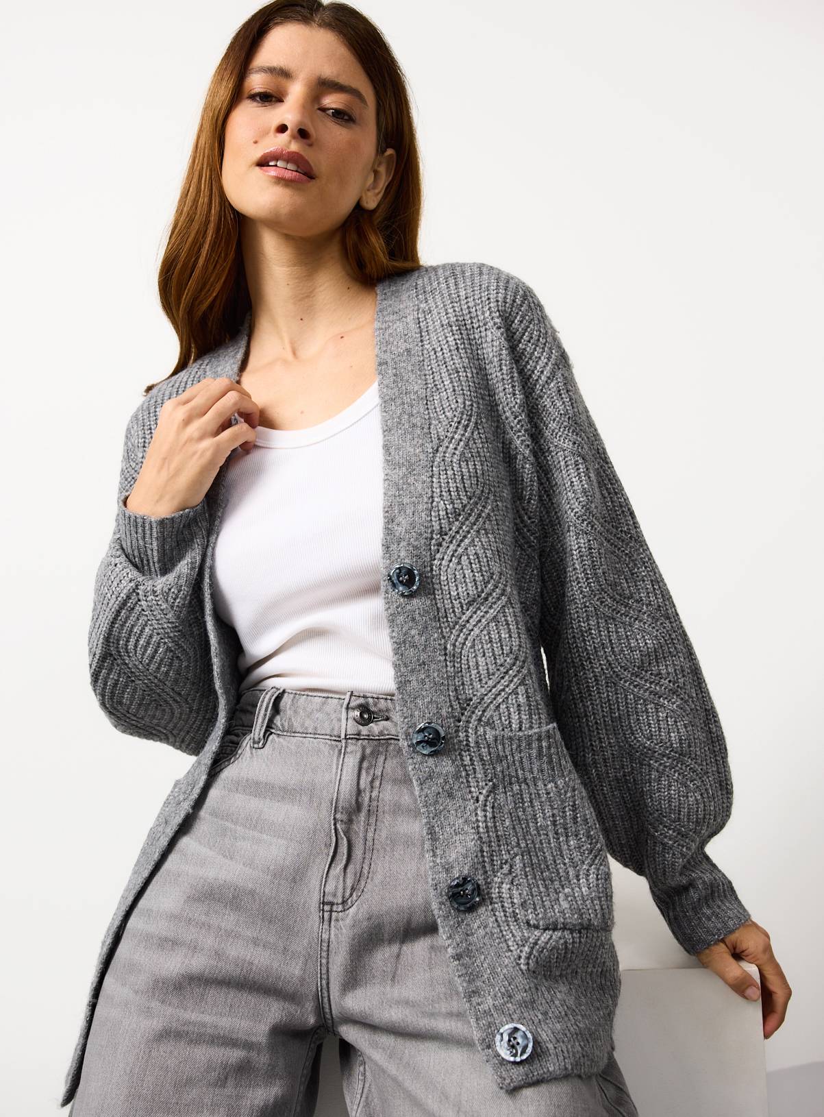 Charcoal V Neck Slouch Cable Knit Cardigan M - Image 1