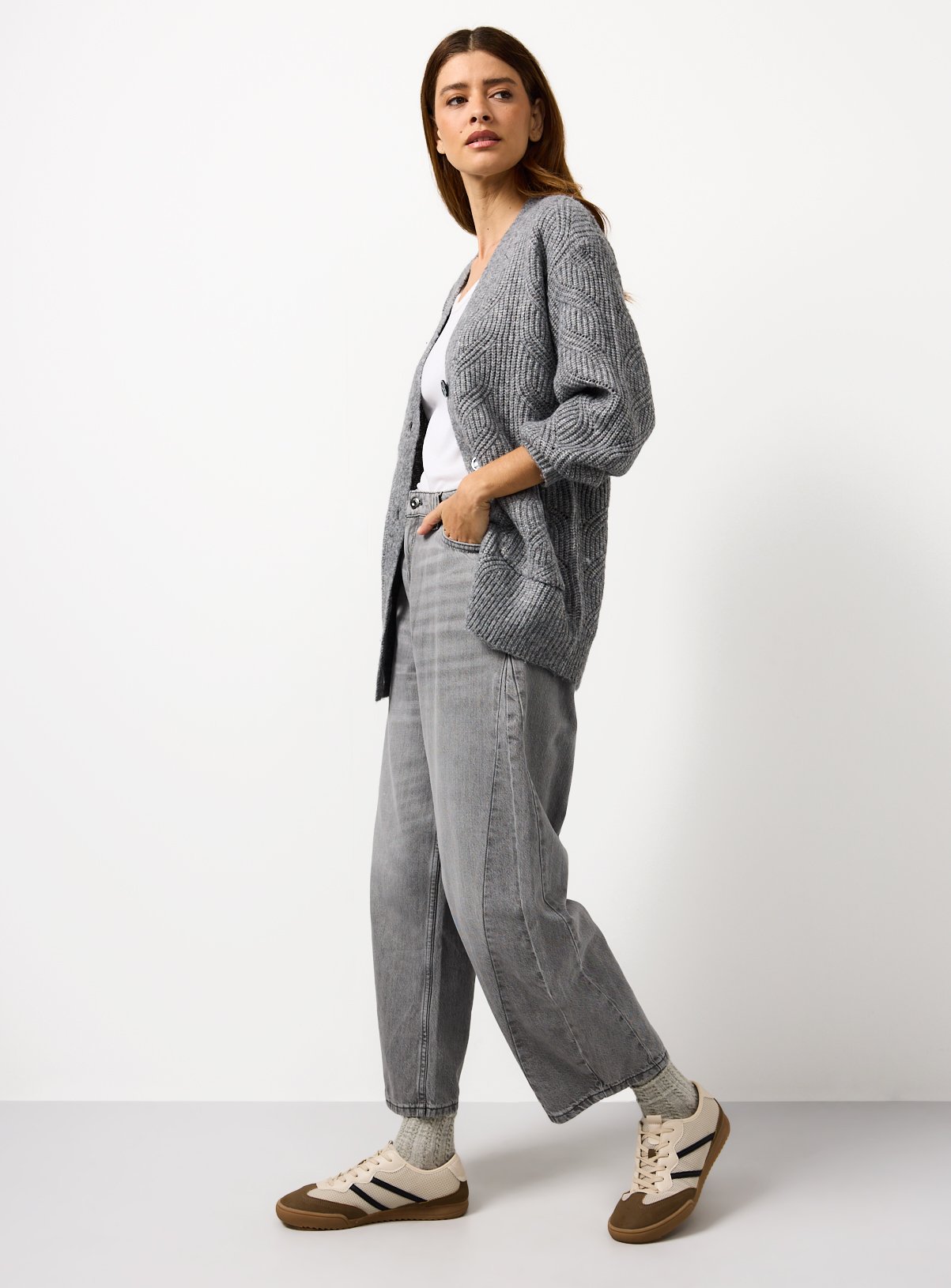 Charcoal V Neck Slouch Cable Knit Cardigan M - Image 2 thumbnail