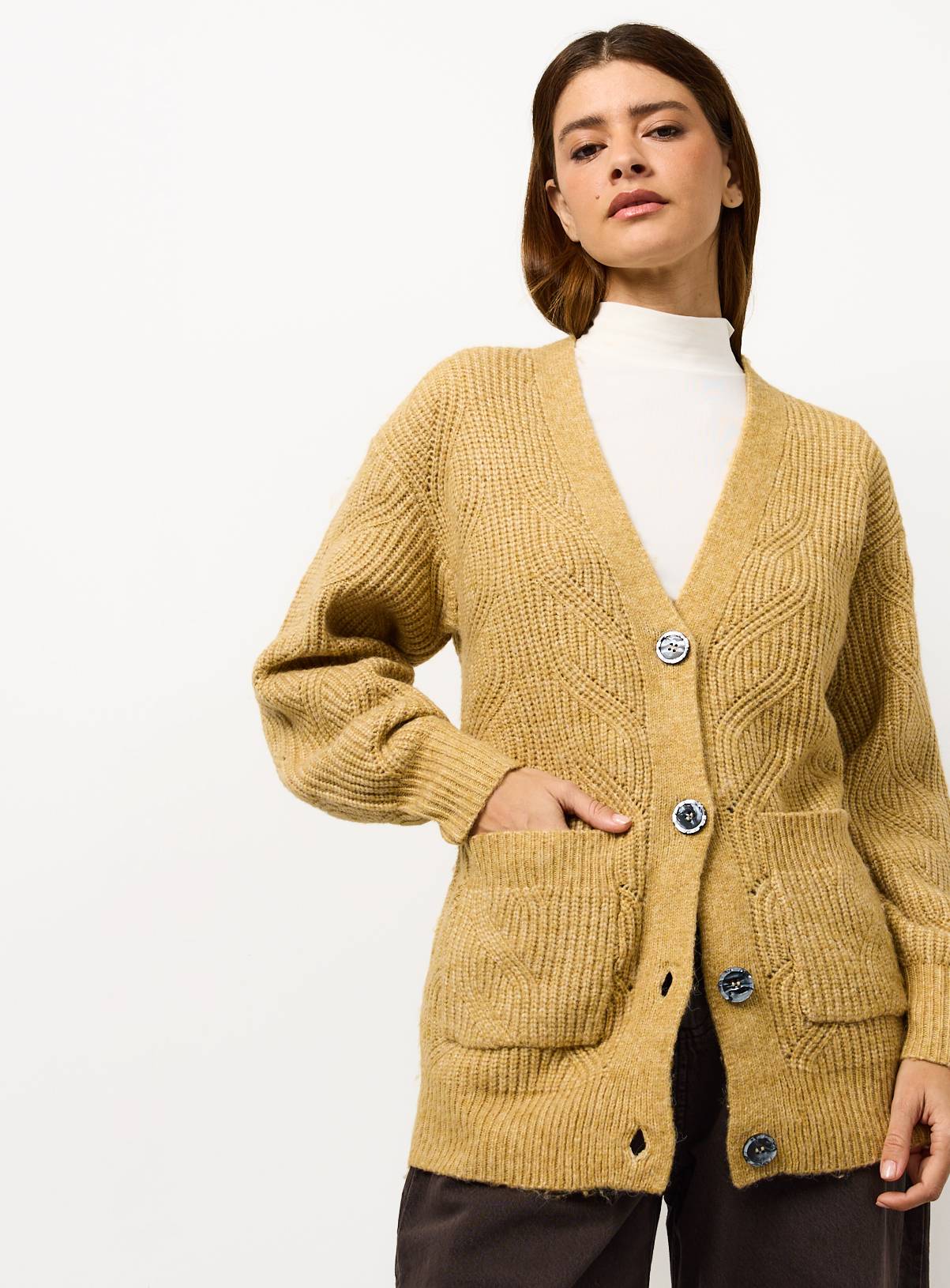 Yellow V Neck Slouch Cable Knit Cardigan M - Image 1