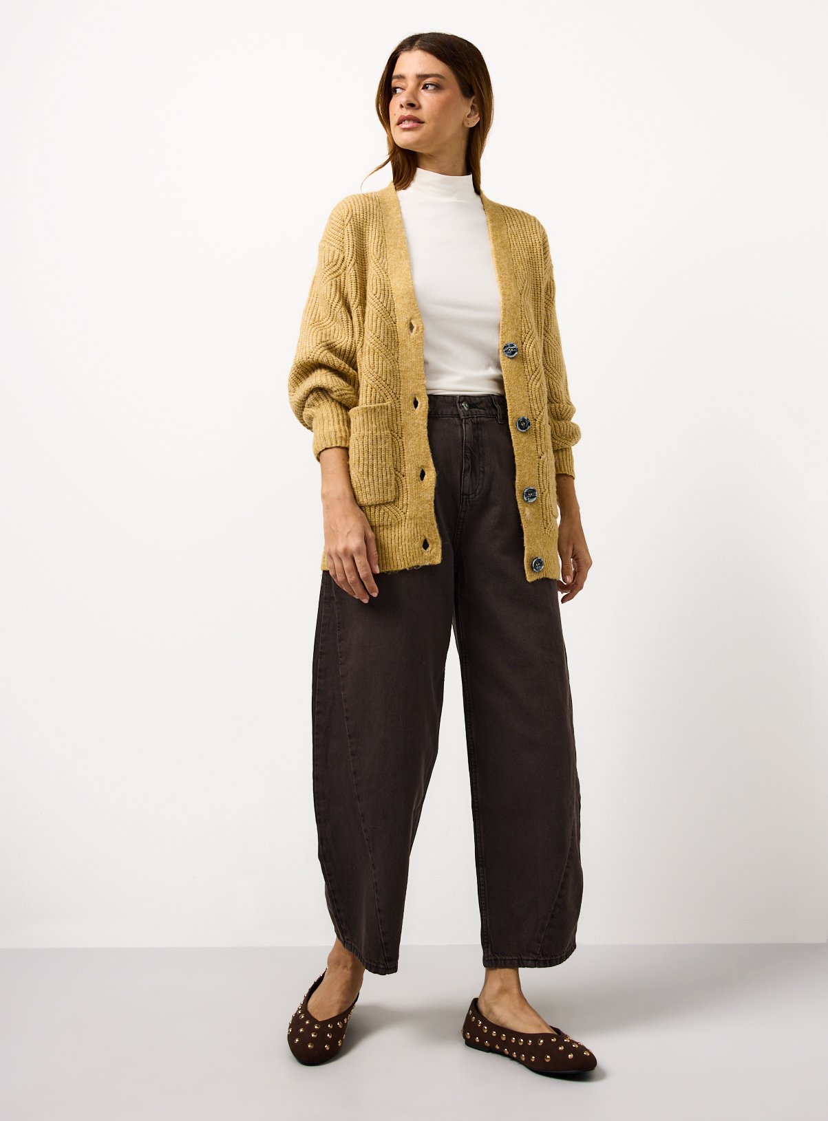 Yellow V Neck Slouch Cable Knit Cardigan M - Image 2 thumbnail