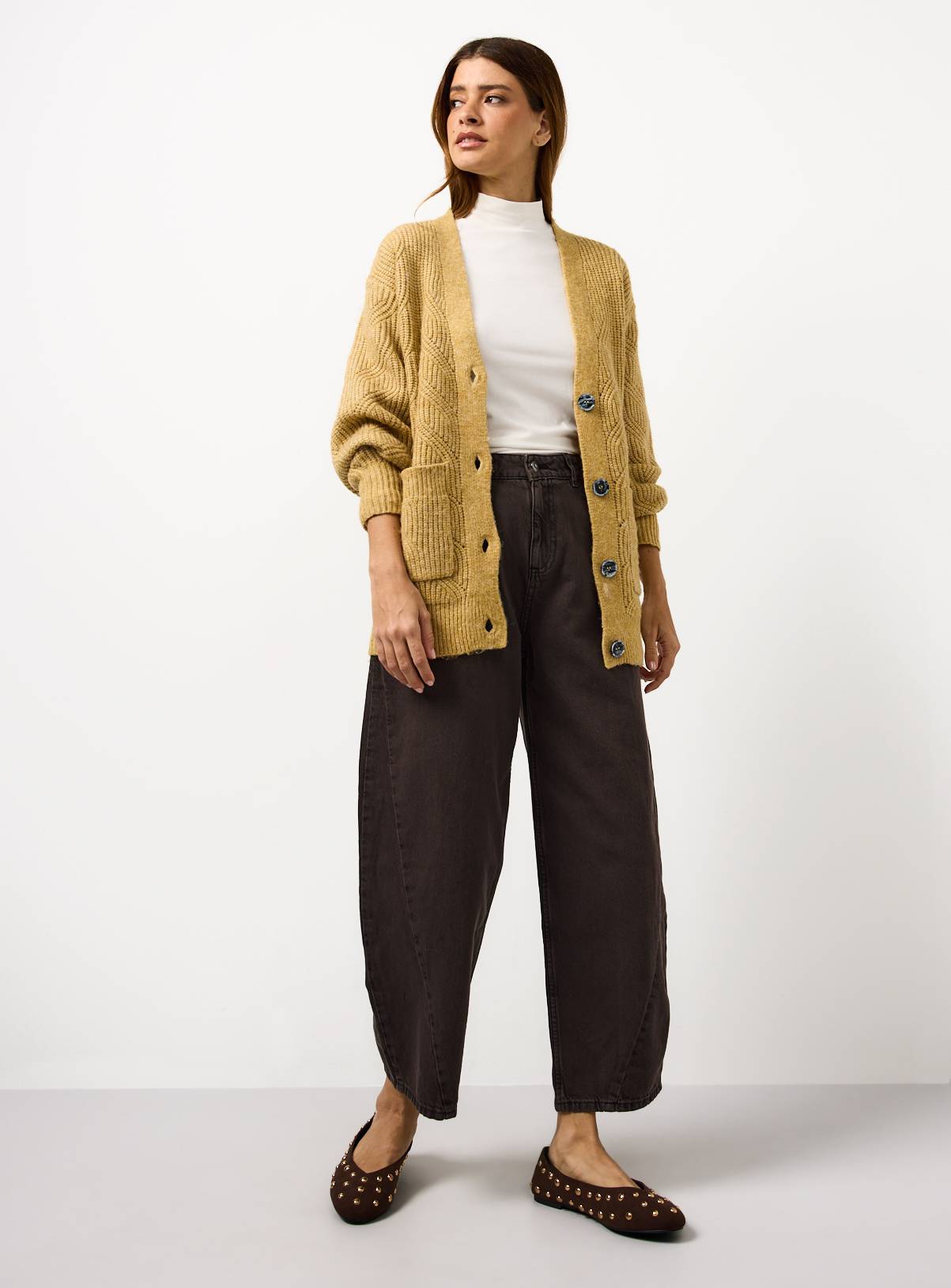 Yellow V Neck Slouch Cable Knit Cardigan M - Image 2