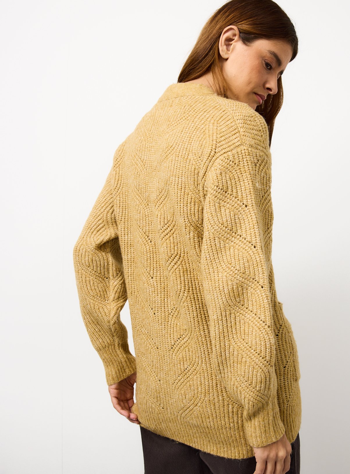 Yellow V Neck Slouch Cable Knit Cardigan M - Image 4 thumbnail