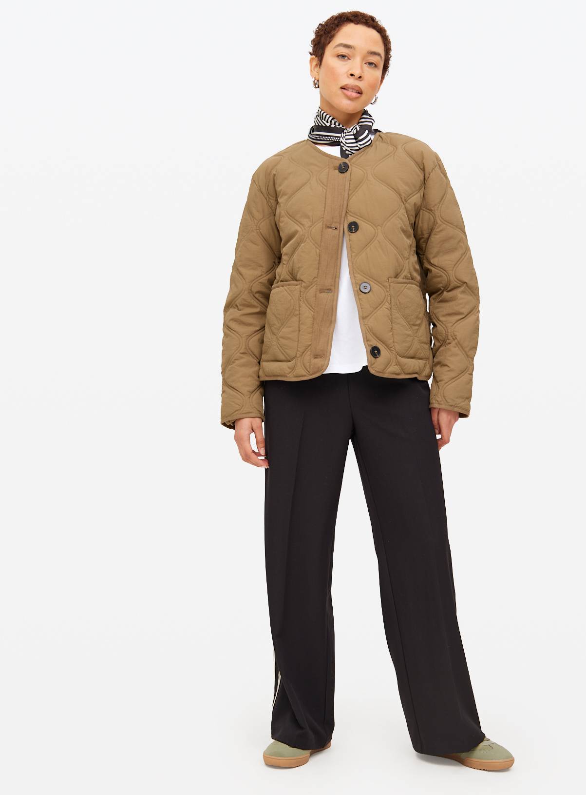 Khaki Collarless Quilted Jacket XL - Image 2