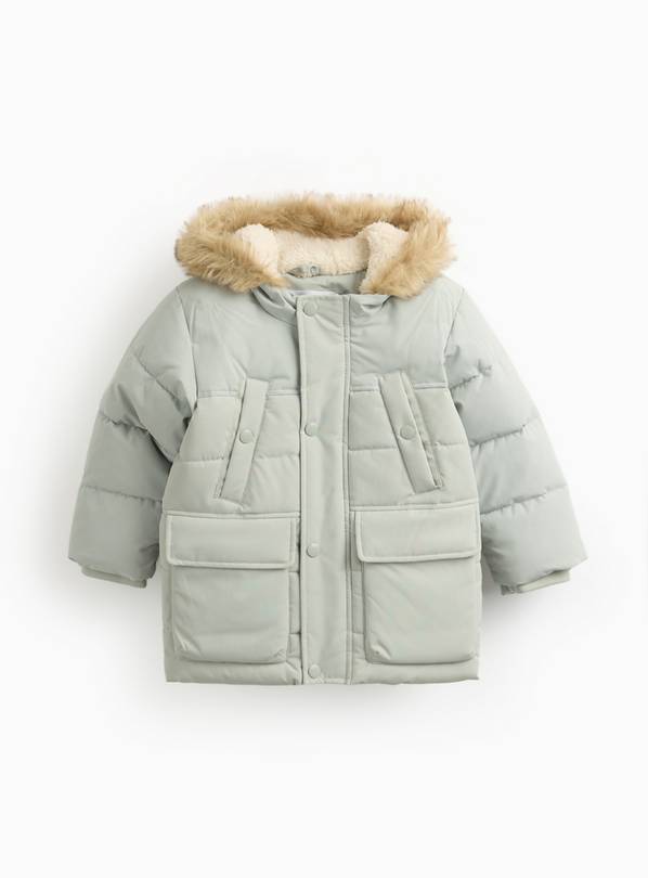 Sage Green Faux Fur Hood Parka Coat 3-4 years