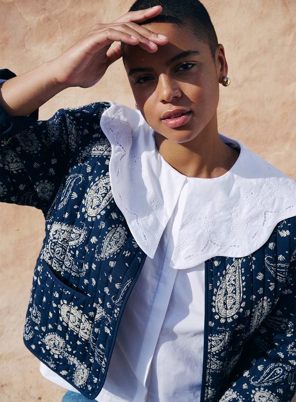 Navy Printed Quilted Jacket S