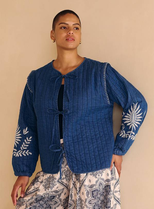 Quilted Embroidered Front Tie Denim Jacket M