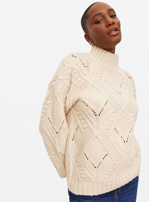 Cream Funnel Neck Cable Knit Jumper M