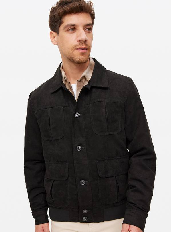 Black Faux Suede Collared Bomber Jacket XXL