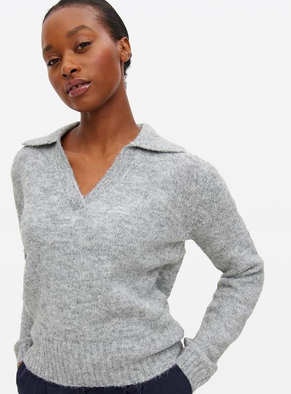 Grey Open Collar Knitted Jumper 18