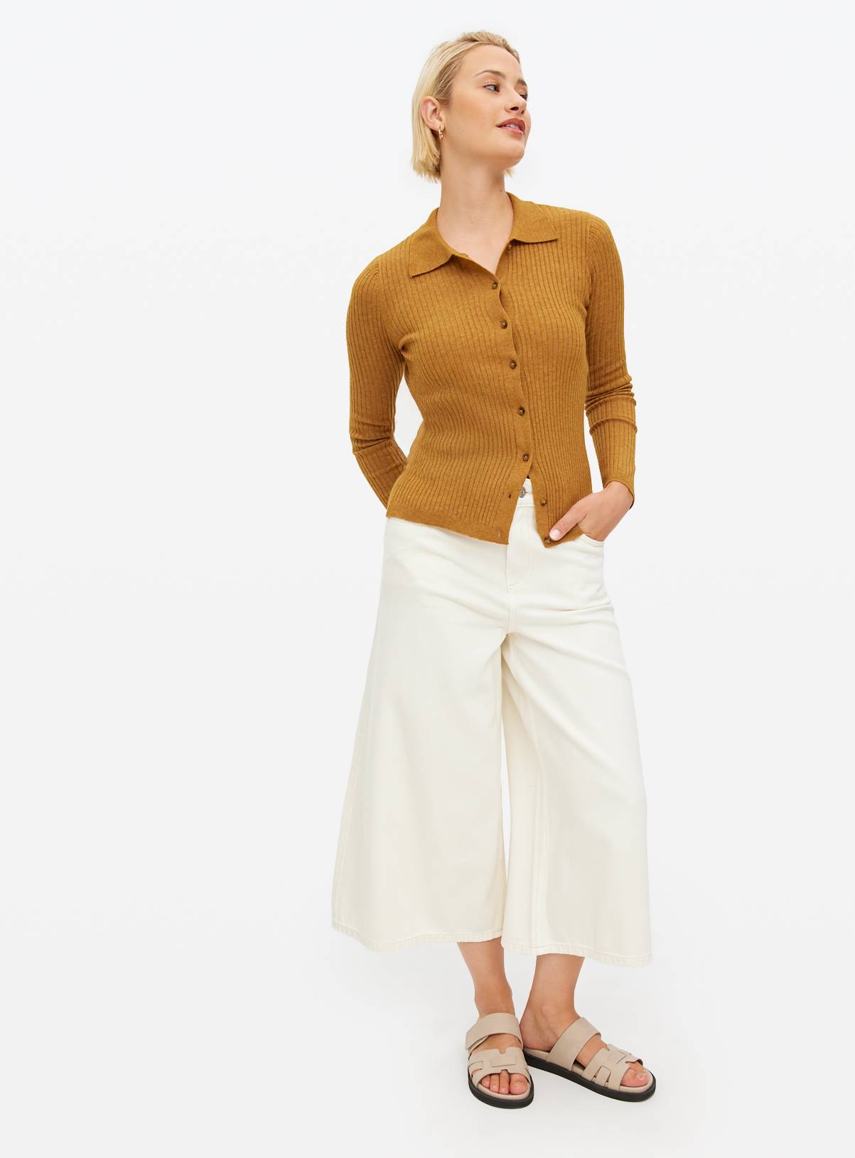 Tan Ribbed Collared Cardigan 18 - Image 2