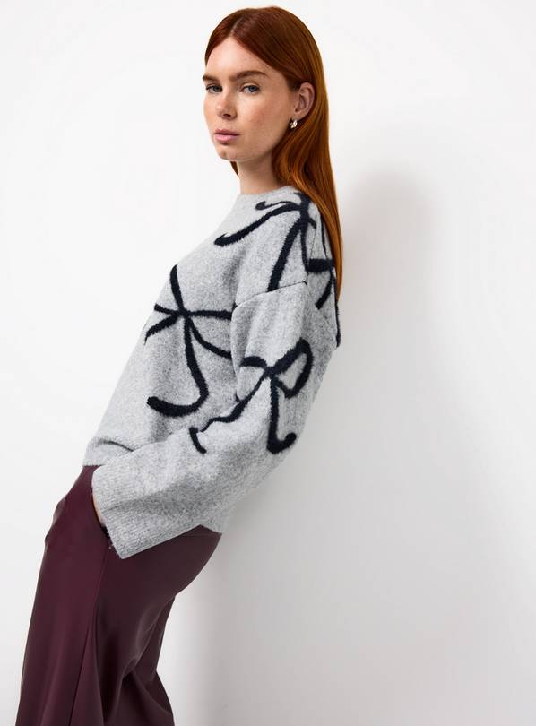 Grey Bow Detail Oversized Knitted Jumper  M