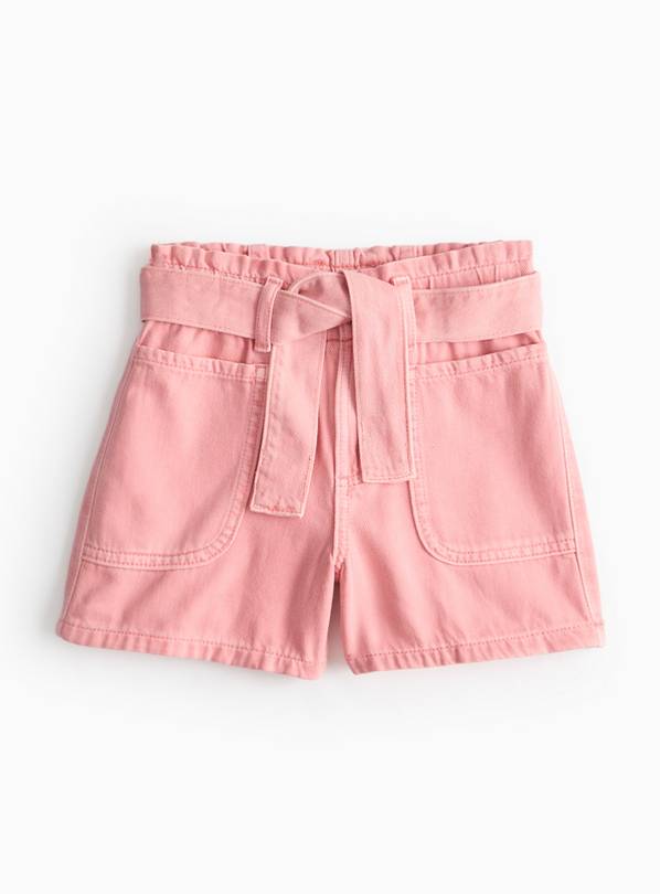 Pink Denim Belted Paperbag Shorts 5 years