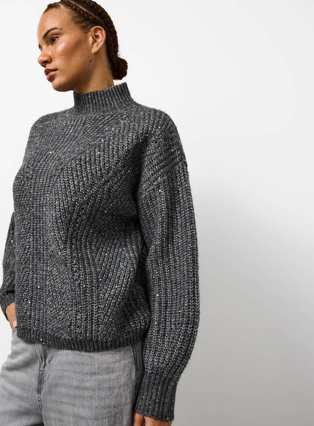 Charcoal High Neck Sequin Sparkle Jumper 16 - Image 1