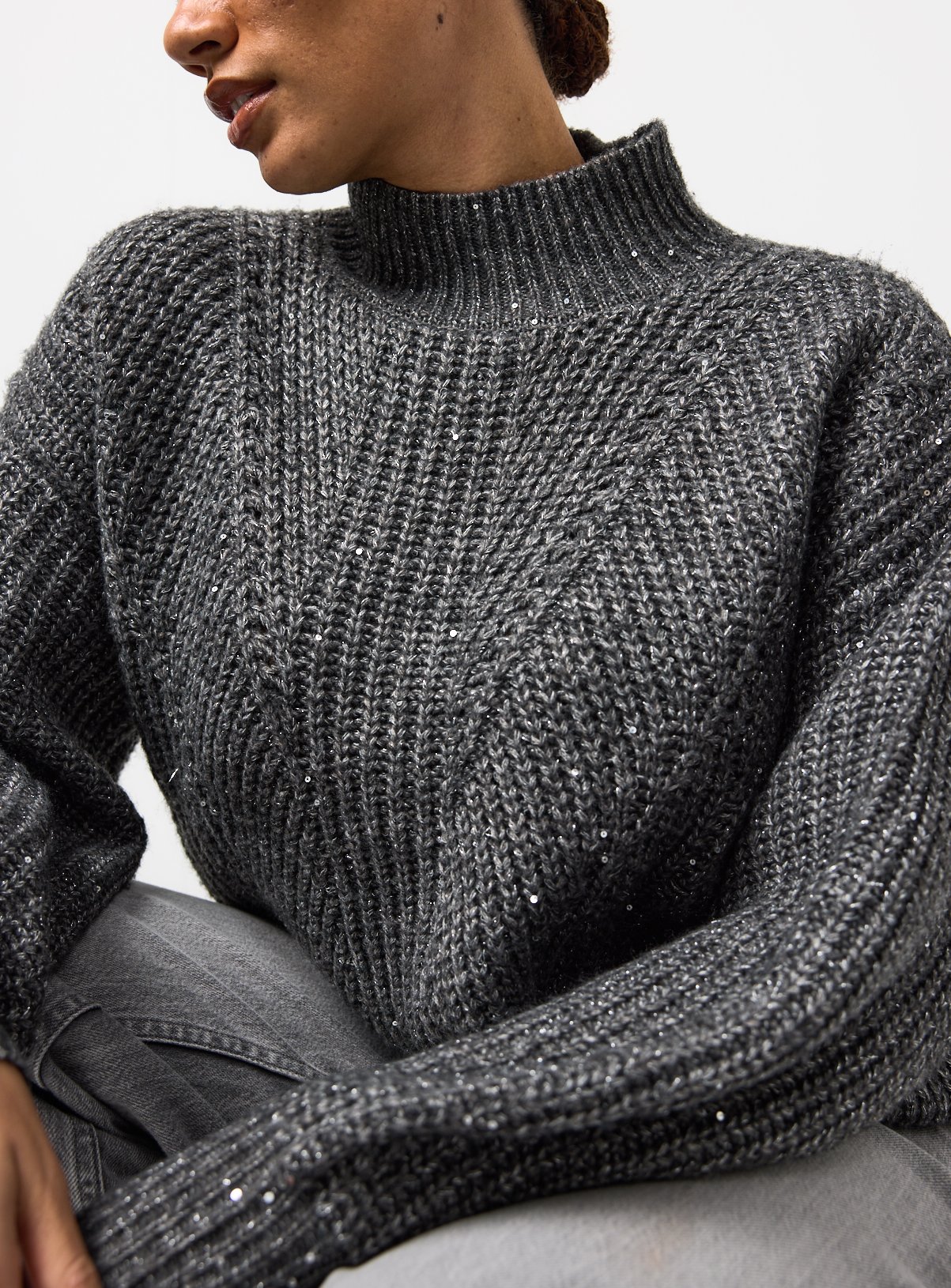Charcoal High Neck Sequin Sparkle Jumper 16 - Image 3 thumbnail
