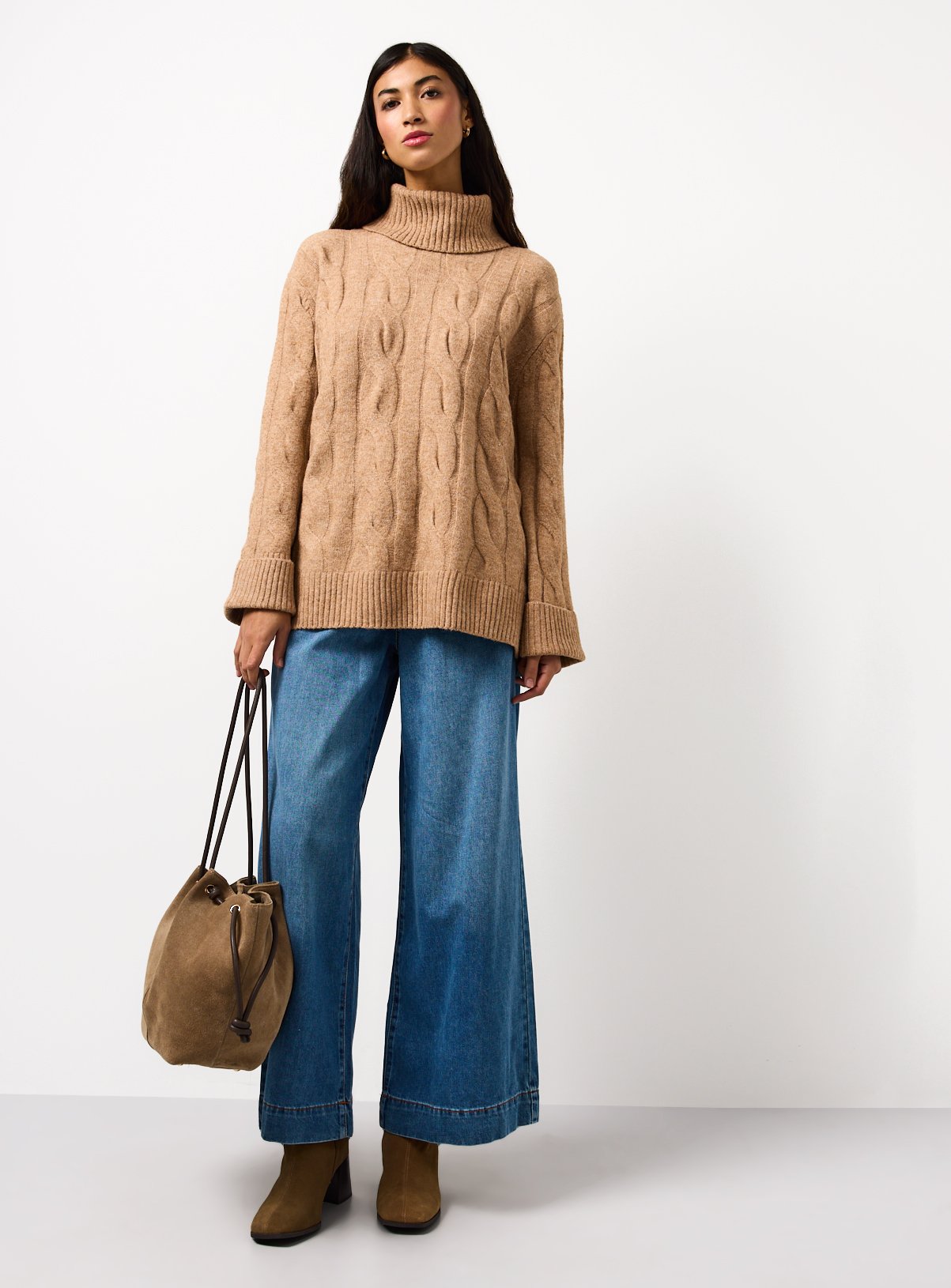 Camel Roll Neck Cable Knitted Jumper S - Image 2 thumbnail